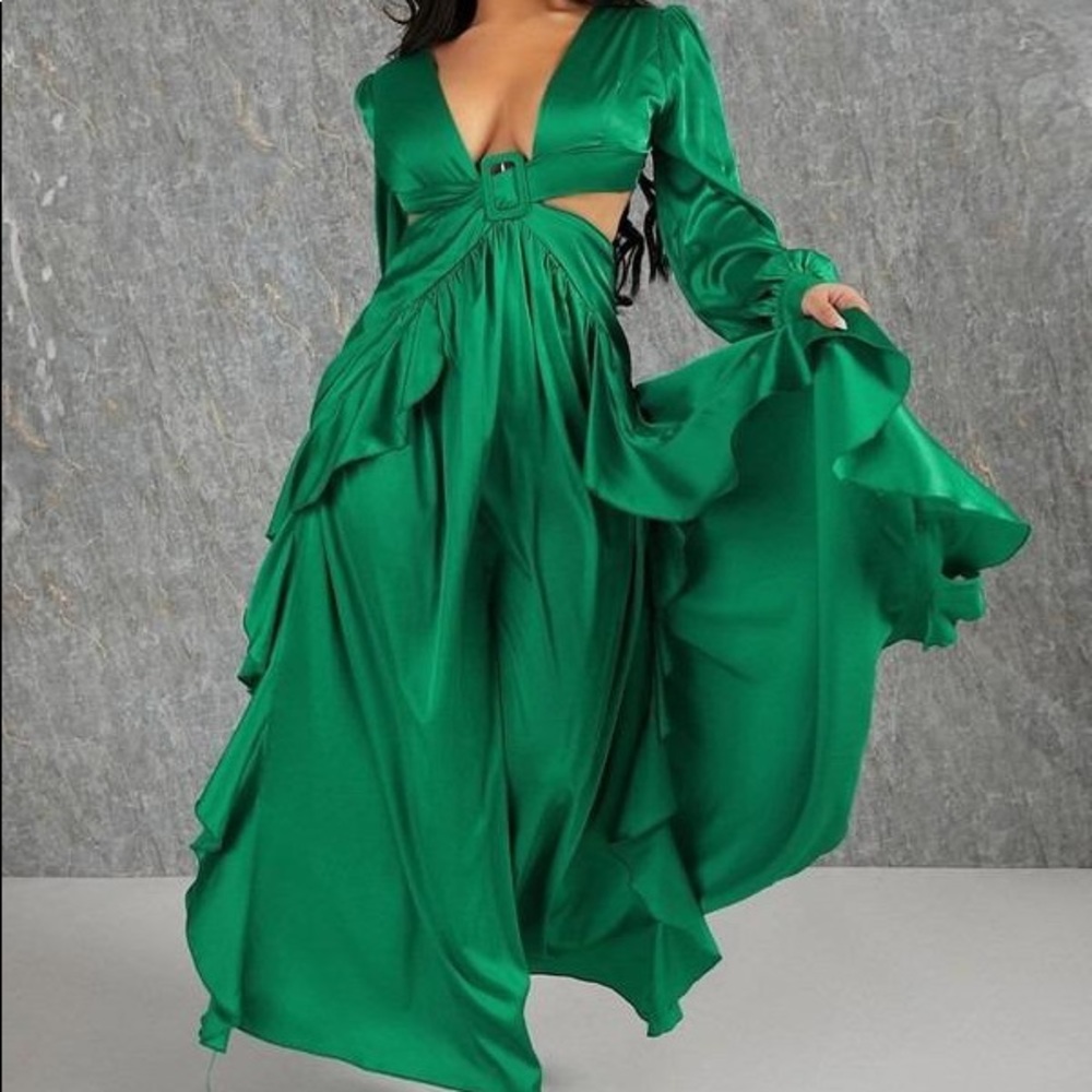 Ruffle Trim Lace Up Green Maxi Dress Backless Longsleeves